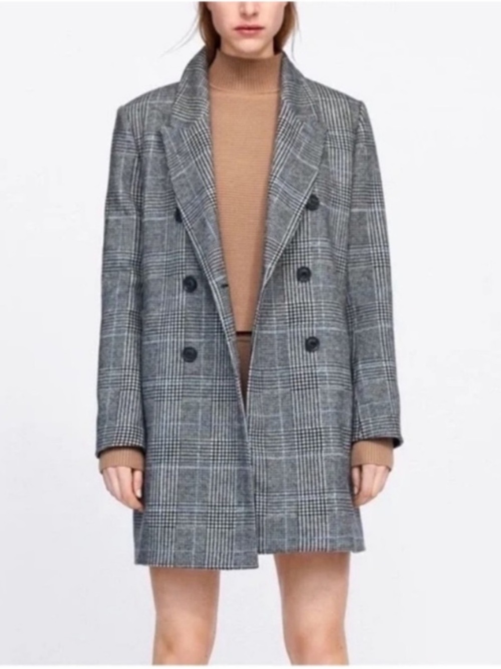 Zara Gray Plaid Double-Breasted Pea Coat